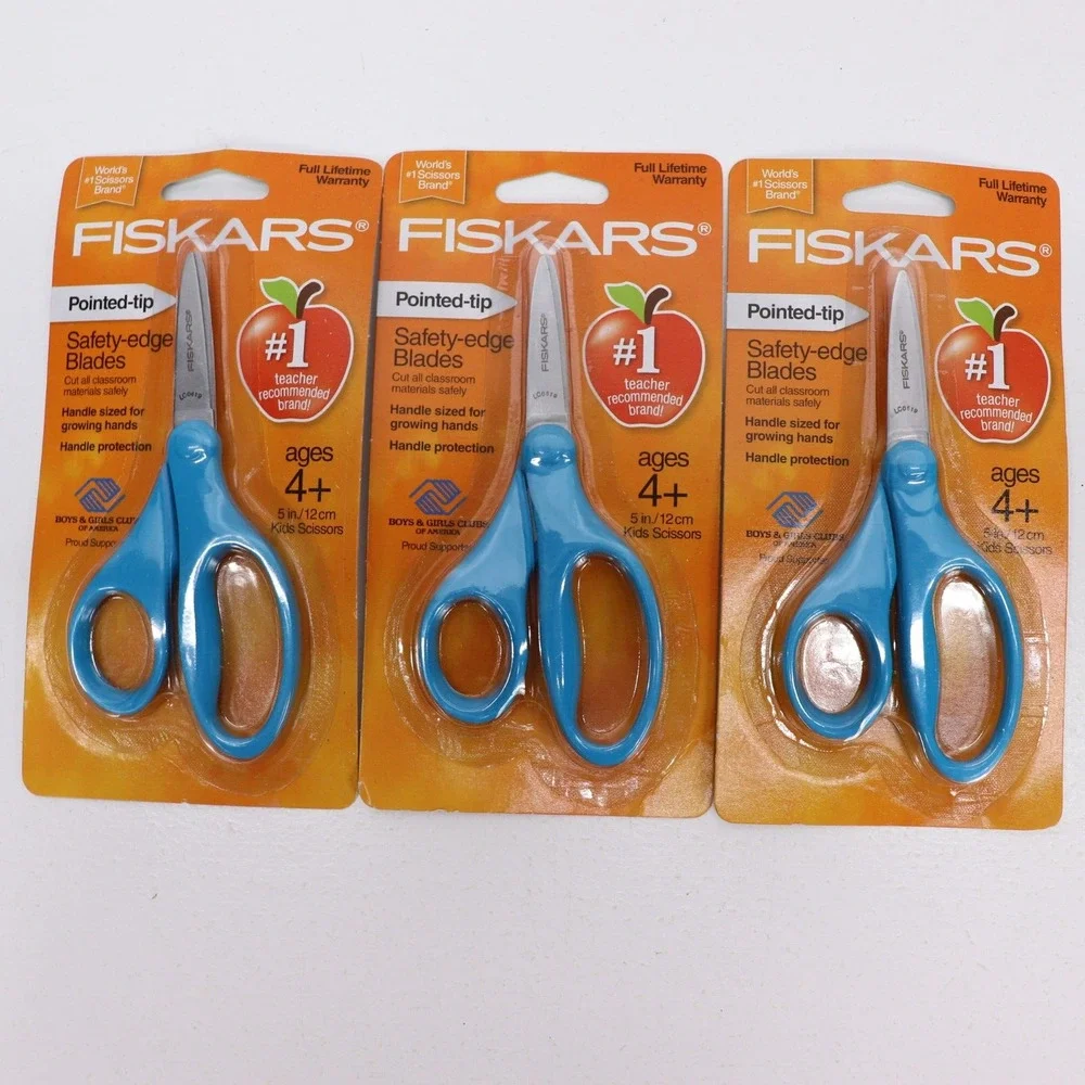 3x Fiskars Kids School Scissors Blue Pointed Tip For Both Left And Right Handed